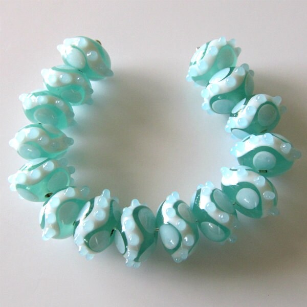 CUSTOM ORDER for KATHLEEN Lampwork beads, aqua, sea green dots and swirls, beading supplies