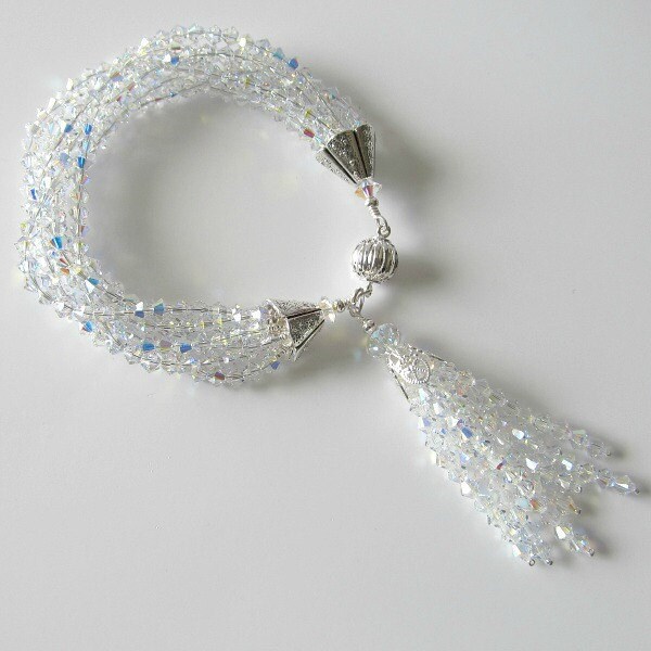Crystal tassel bracelet, wedding bracelet, bridal bracelet, multi strand crystal bracelet with tassel, beaded jewelry