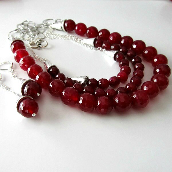 Triple Strand Necklace, ON SALE, Raspberry Agate Gemstones, Beaded Necklace and Earrings, Silver Chain, Red, Cranberry, Burgandy, Wine