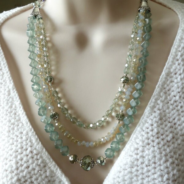 RESERVED LISTING for KSISCOTriple Strand Necklace, Sea Green, Misty Green, Crystals, Large LinkTextured Silver Chain