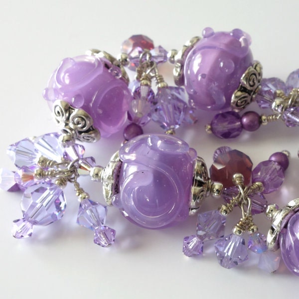 Lavender Lampwork Bracelet, Alexandrite, Color Changing Crystals, Silver, Purple, Violet, Plum, Beaded Bracelet, Beaded Jewelry