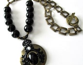 ON SALE, Large Black Pearl Necklace, Antique Brass Pendant, Large Square Buckle Chain, Chunky, Bold Beaded Necklace, Beaded Jewelry