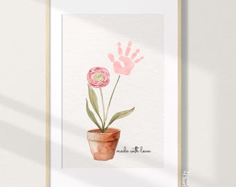 May include: A watercolor painting of a pink flower in a terracotta pot with a pink handprint above it. The text "made with love" is written below the pot.