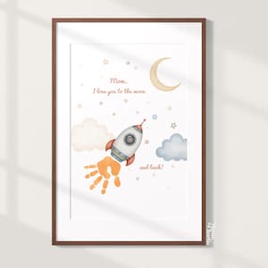 Kocham Cię do księżyca i z powrotem Odcisk dłoni | Mama | Dzień Matki | Pamiątka z odciskiem dłoni dziecka i niemowlęcia | Wydrukowana sztuka dla dzieci | Sztuka cyfrowa | Rakieta
