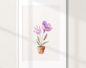 May include: A watercolor painting of a purple flower with a pink handprint in a terracotta pot.