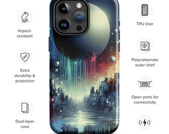 Funda para iPhone Galactic City / Protección de doble capa / PC y TPU resistentes a impactos / Compatible con carga inalámbrica