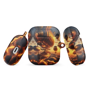 May include: A set of three AirPod cases with a steampunk design featuring an airship flying through clouds. The cases are made of a durable silicone material and have a unique, vintage-inspired look.