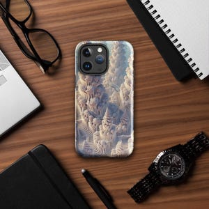 May include: A white iPhone case with a swirling, abstract design. The case has a camera lens cutout and a white background.