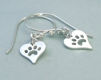 Heart Dog Earrings - Sterling Silver - Dog Agility Jewelry - Canine Agility Earrings - Heart & Paw - Pawprints on Hearts