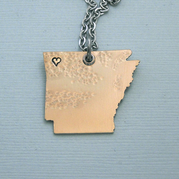 Arkansas Necklace - Red Brass State Necklace - I love Arkansas - I love Fayetteville - I love Little Rock