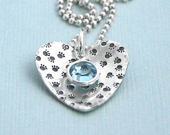 Paw Prints on My Heart - Sterling Silver Hand Stamped Necklace - Dog Lover Gift