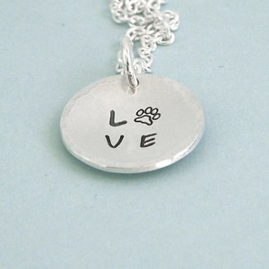 Love Paw Disc Necklace - Sterling Silver Hand Stamped Necklace - Dog Lover Necklace - Dog Lover Gift