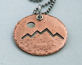 Hiker's Necklace - Copper Pendant on Sterling Silver Chain - The Mountains Are Calling and I Must Go