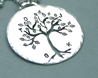 Personalized Family Tree Necklace - Mother - Grandmother - Hand Stamped and Pierced Sterling Silver Tree of LIfe
