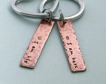 His and Hers Wedding Vow Key Ring - Hand Stamped Copper - Couples Jewelry
