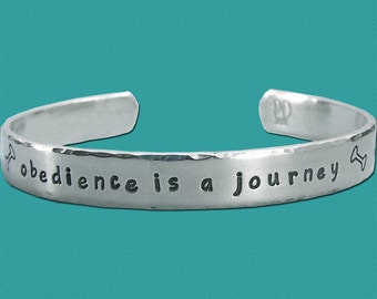 Dog Obedience Affirmation Bracelet - Hand Stamped Sterling Silver Cuff - obedience is a journey - Canine Obedience Jewelry