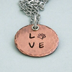 Copper Love Paw Disc Necklace - Hand Stamped Necklace - Dog Lover Necklace - Dog Lover Gift