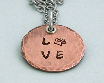 Copper Love Paw Disc Necklace - Hand Stamped Necklace - Dog Lover Necklace - Dog Lover Gift