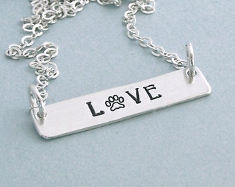 Sterling Silver Love Paw Bar Necklace - Dog Lover Necklace - Hand Stamped Bar Necklace - Dog Lover Gift -