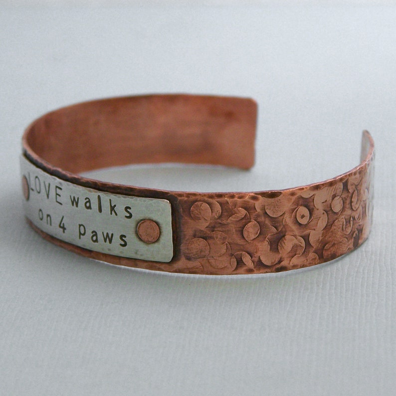 Copper and Sterling Silver Cuff Bracelet Love walks on 4 paws image 3