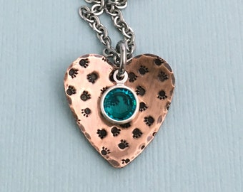 Paw Prints on My Heart - Copper Hand Stamped Necklace - Dog Lover Gift