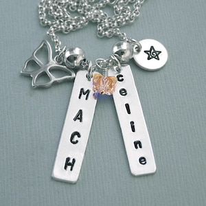 Hand Stamped Sterling Silver Personalized Title Necklace with Butterfly Charm and Disc - For Dog Agility Enthusiasts