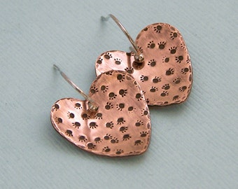 Paw Prints on My Heart - Copper Hand Stamped Earrings - Dog Lover Gift