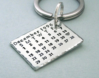 Sterling Silver Calendar Key Ring - Mark the Date - Hand Stamped - Anniversary - Birthday - Wedding - Engagement