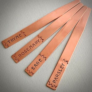 Copper Hand Stamped Plant Markers, SET OF FOUR, Seedling Tags, Fathers Day Gift, Seed Markers, Plant Stakes, 4 x 3/8 inches image 2