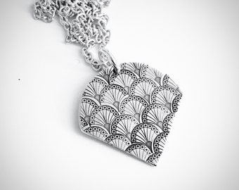 Art Deco Fan Motif Hand Stamped Sterling Silver Necklace