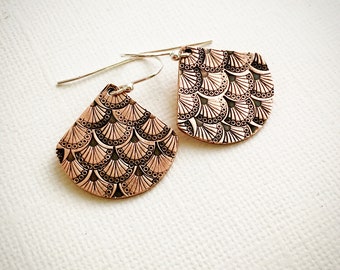 Art Deco Fan Motif Hand Stamped Copper or Sterling Silver Earrings