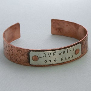 Copper and Sterling Silver Cuff Bracelet Love walks on 4 paws image 2