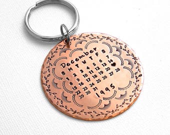 Large Calendar Key Ring - Hand Stamped Copper Calendar Keychain