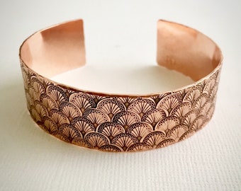 Art Deco Fan Motif Hand Stamped Copper Cuff Bracelet