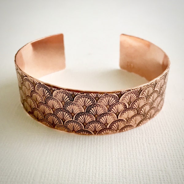 Art Deco Fan Motif Hand Stamped Copper Cuff Bracelet