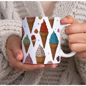 Taza de café con patrón de helado, conos de helado de dibujos animados kawaii, regalo para amantes del helado, conos de helado, patrón vectorial,