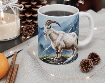 Aquarell Bergziege stehend auf einer Bergseite Kaffeetasse, Ziege, Natur, Berge, Natur,