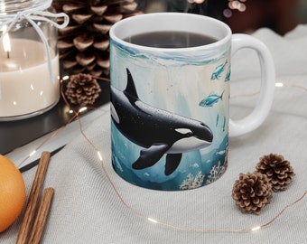 Orca in der Ozeankaffeetasse, Orca, Aquarell Orca, Orca Becher, Schwertwal, Schwertwal Becher, Wassersäugetier,