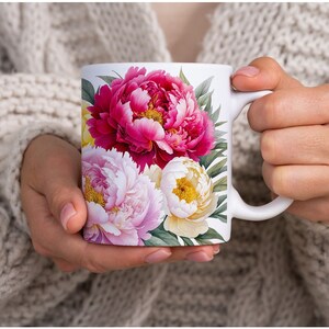 Taza de café con peonías coloridas, taza floral, peonías, flor de jardín, regalo para jardinero, flor roja, decoración floral,