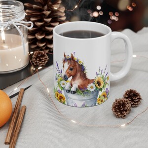 Cute Baby Horse in a Bucket Filled with Flowers Coffee Mug, Horse, Animal Mug, Baby Animal, Horse, Flowers,