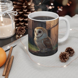 Barn Owl Coffee Mug, Owl Sitting in front of a Barn, Barn Owl, Bird, Owl, Gift for her, Gift for him, Birthday Gift,