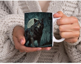 Varulv i en skog kaffemugg, Dyster natt, Mytisk varelse, Natt upplyst av månen, Varulv kaffemugg,