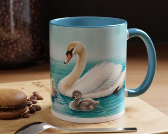 Watercolor Swans and Cygnets Swimming in Aqua Colored Water Accent Coffee Mug, Swan Gift Idea, Swan and Cygnets, Swan Lover Gift