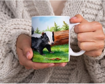 May include: White ceramic mug with a watercolor illustration of a black and white skunk in a forest setting. The skunk is walking on green grass with a brown log behind it.