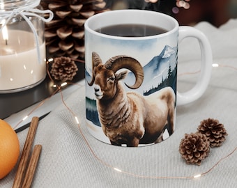 Watercolor Bighorn Sheep with Snowy Background Coffee Mug, Animal Mug, Sheep,