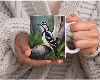 Taza de café con diseño de pájaro carpintero velloso de acuarela sentado en una rama, pájaro, pájaro carpintero, naturaleza, aire libre, regalo para él, regalo para ella, regalo de cumpleaños.