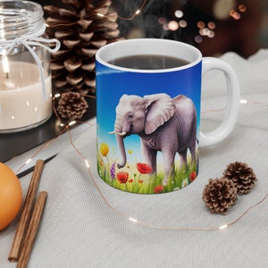 Elegant Elephant Coffee Mug, Elephant Mug, Elephant Coffee Mug, Watercolors, Wildflowers, Animal Mug,