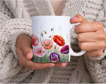 Taza de café con amapolas multicolores, taza floral, flores silvestres, flores de jardín, acuarela, regalo para jardineros,