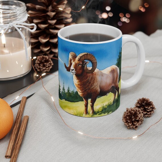 Ram Coffee Mug, Watercolor Ram, Ram, Ram Mug, Animal Mug, Mountains,  Hillside,