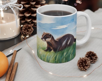Akvarell minkkaffemugg, Mink, Minkkaffemugg, Vessla, Slätter, Djurmugg, Skogsmarksdjur,